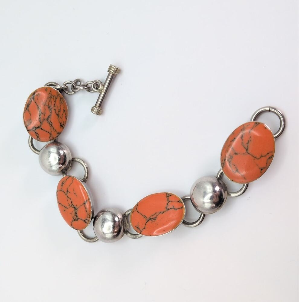 Sterling Silver 925 Mexico Orange and Black Oval Gemstone Toggle Bracelet 39.6g - Picture 4 of 9